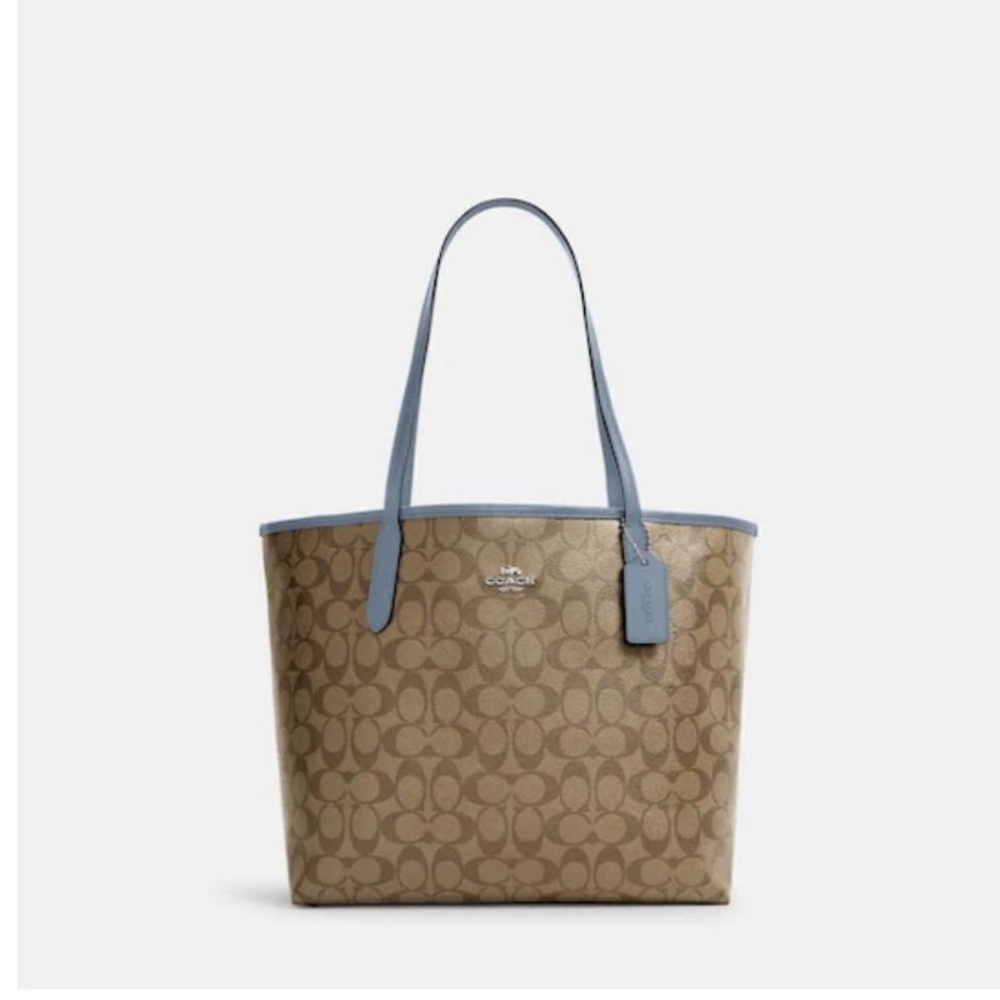 Coach Signature Canvas Tote in Khaki with Light Blue Trim